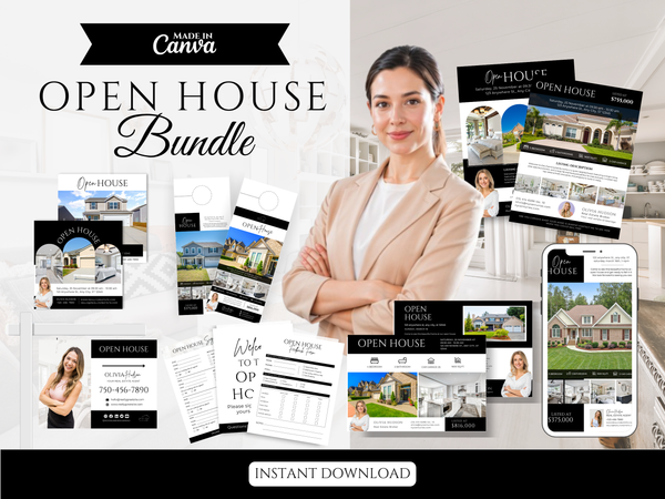Open House Bundle, Realtor Canva Templates, Open House Flyers, Social Media Posts, Postcards, Door Hangers, Yard Signs, Checklists Black & White
