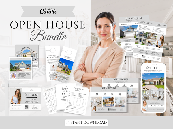 Open House Bundle, Realtor Canva Templates, Open House Flyers, Social Media Posts, Postcards, Door Hangers, Yard Signs, Checklists Gray & White