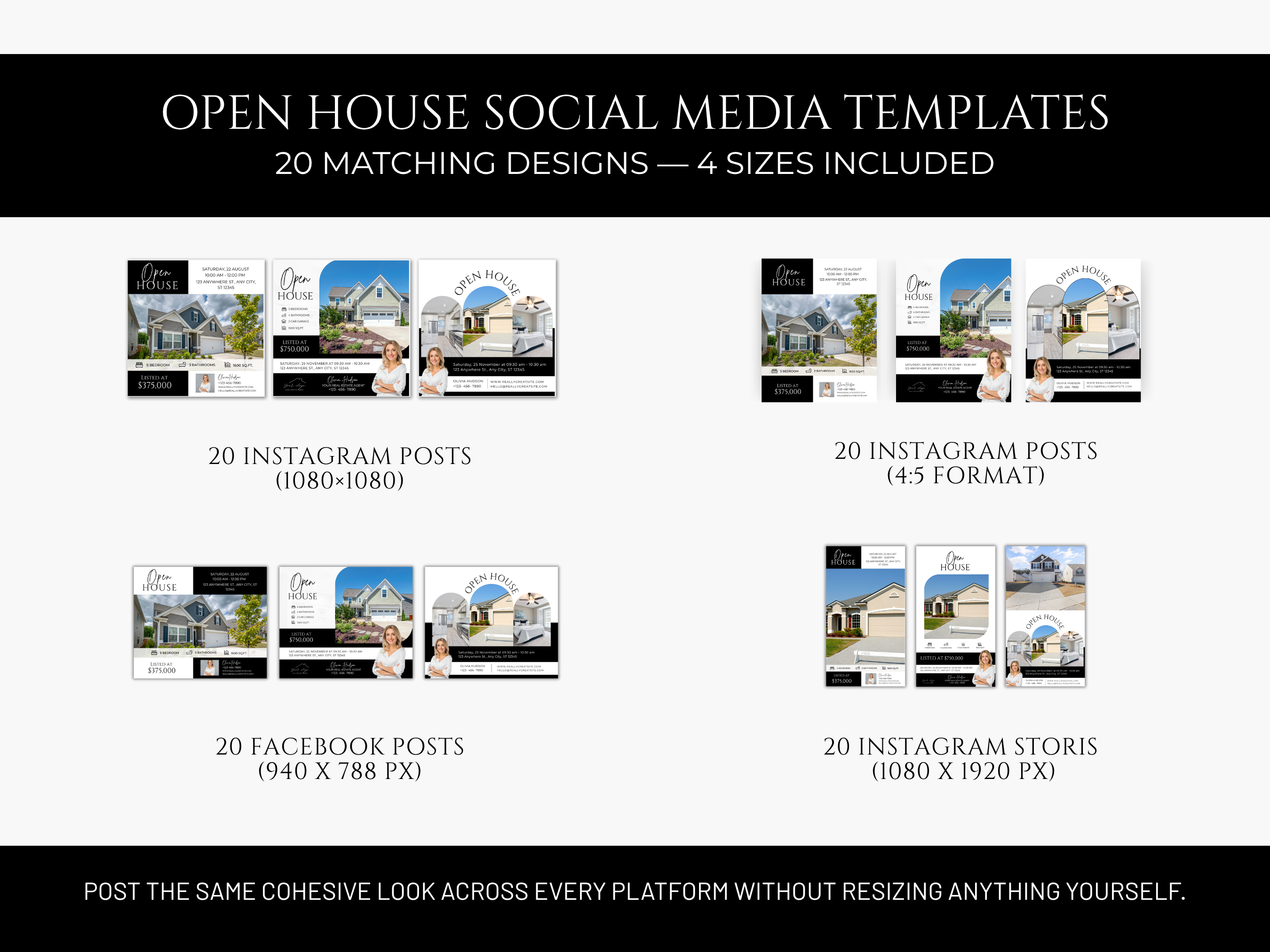 Open House Bundle, Realtor Canva Templates, Open House Flyers, Social Media Posts, Postcards, Door Hangers, Yard Signs, Checklists Black & White