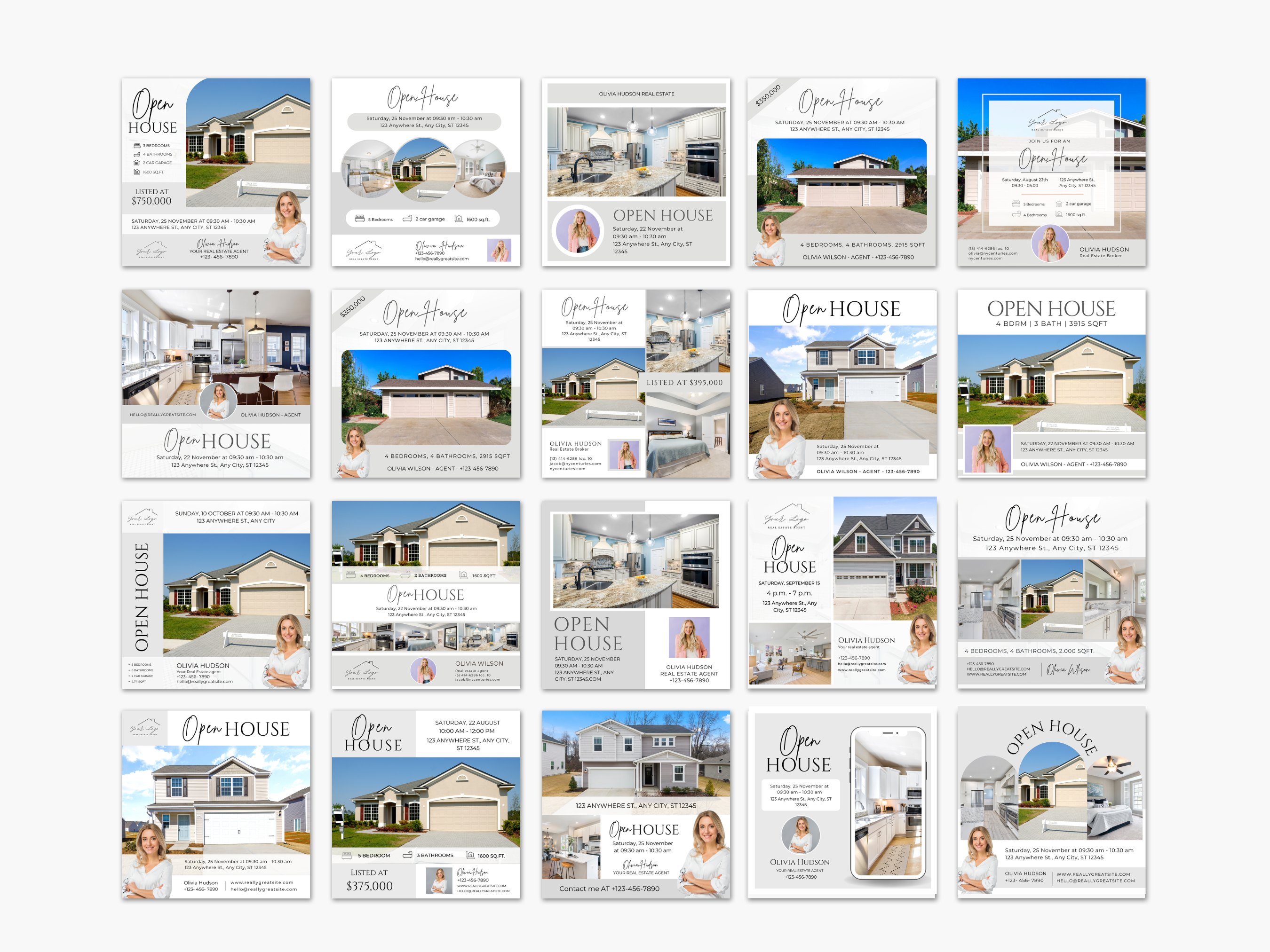 Open House Bundle, Realtor Canva Templates, Open House Flyers, Social Media Posts, Postcards, Door Hangers, Yard Signs, Checklists Gray & White
