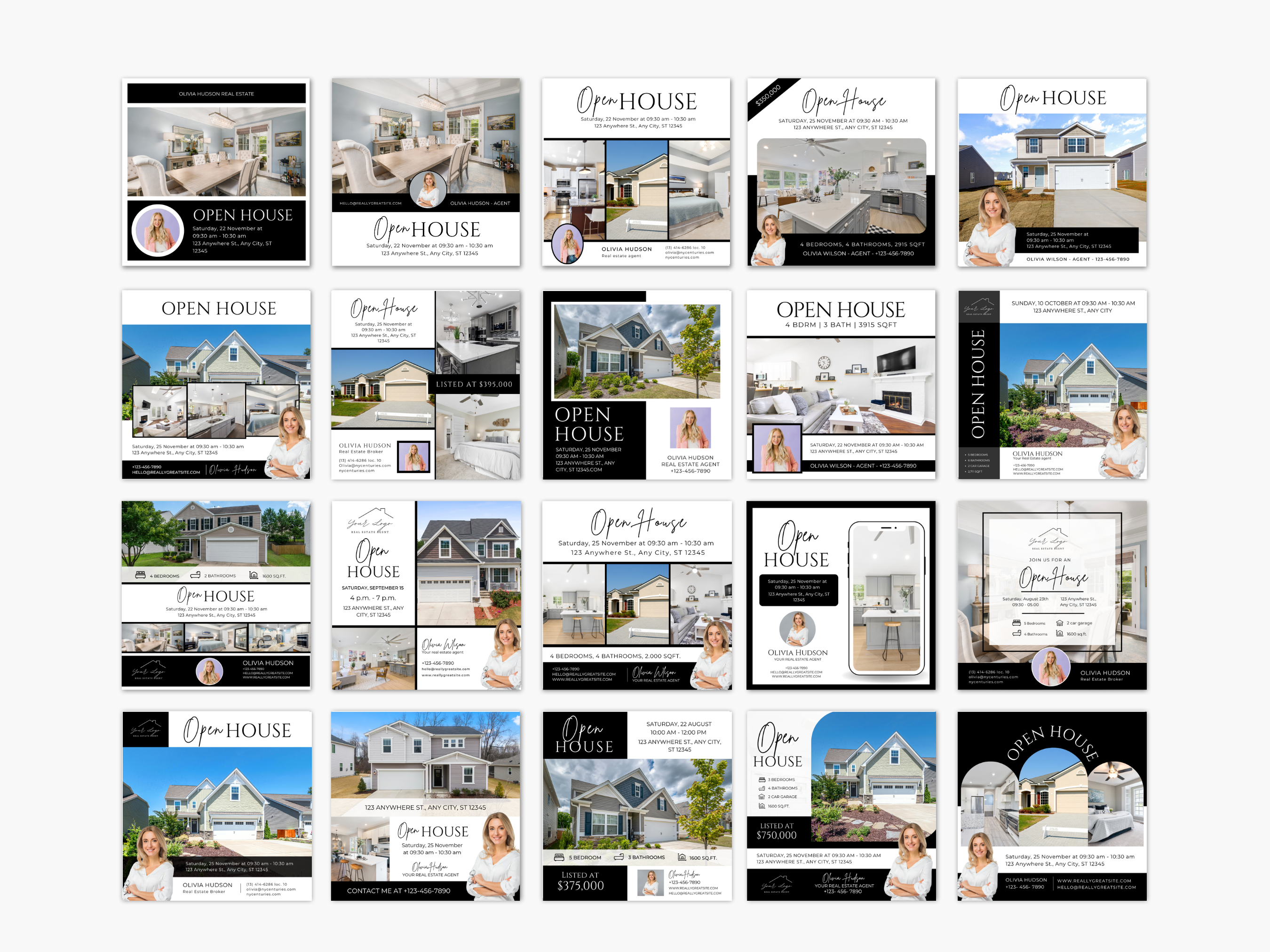 Open House Bundle, Realtor Canva Templates, Open House Flyers, Social Media Posts, Postcards, Door Hangers, Yard Signs, Checklists Black & White