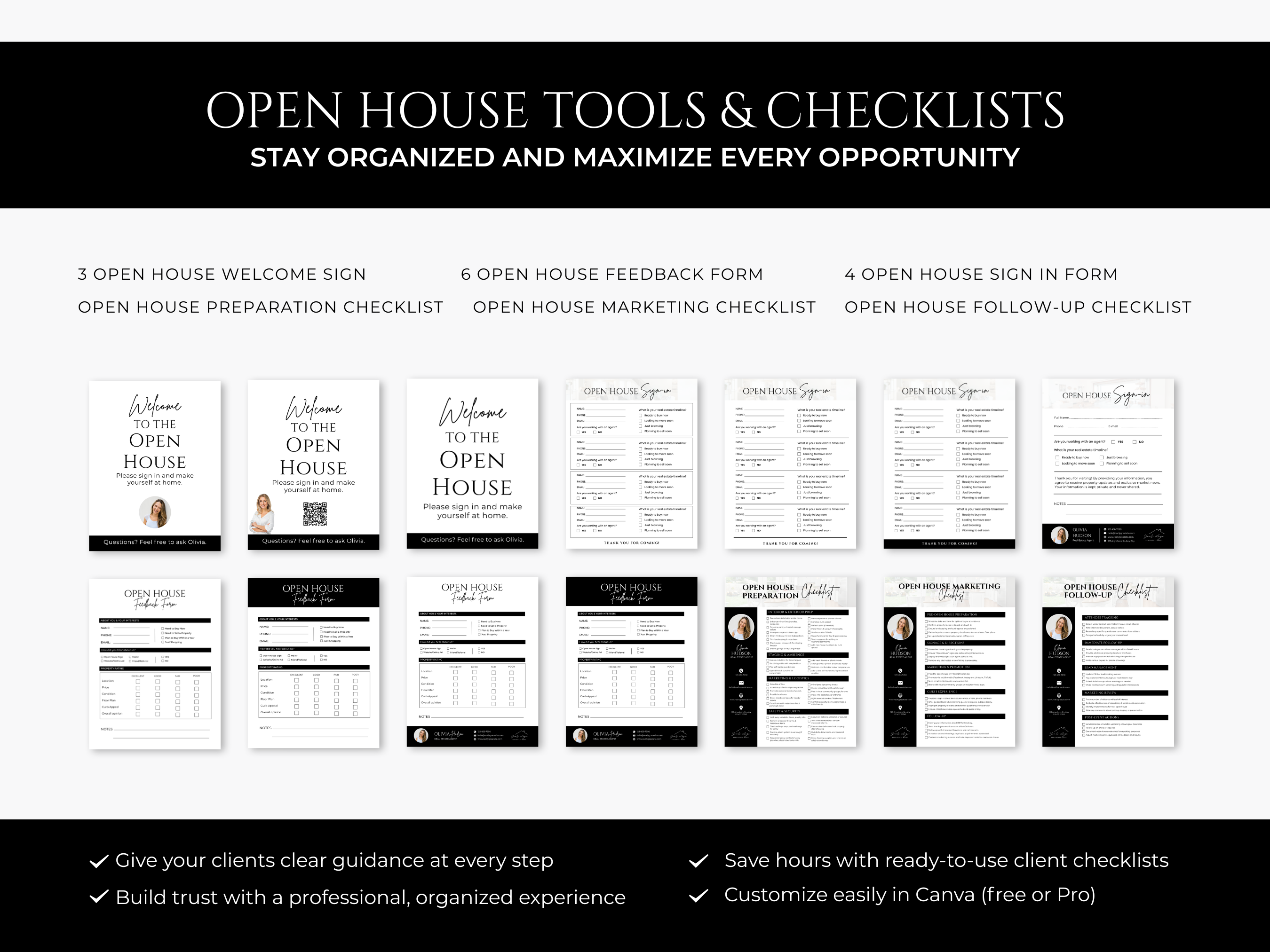 Open House Bundle, Realtor Canva Templates, Open House Flyers, Social Media Posts, Postcards, Door Hangers, Yard Signs, Checklists Black & White