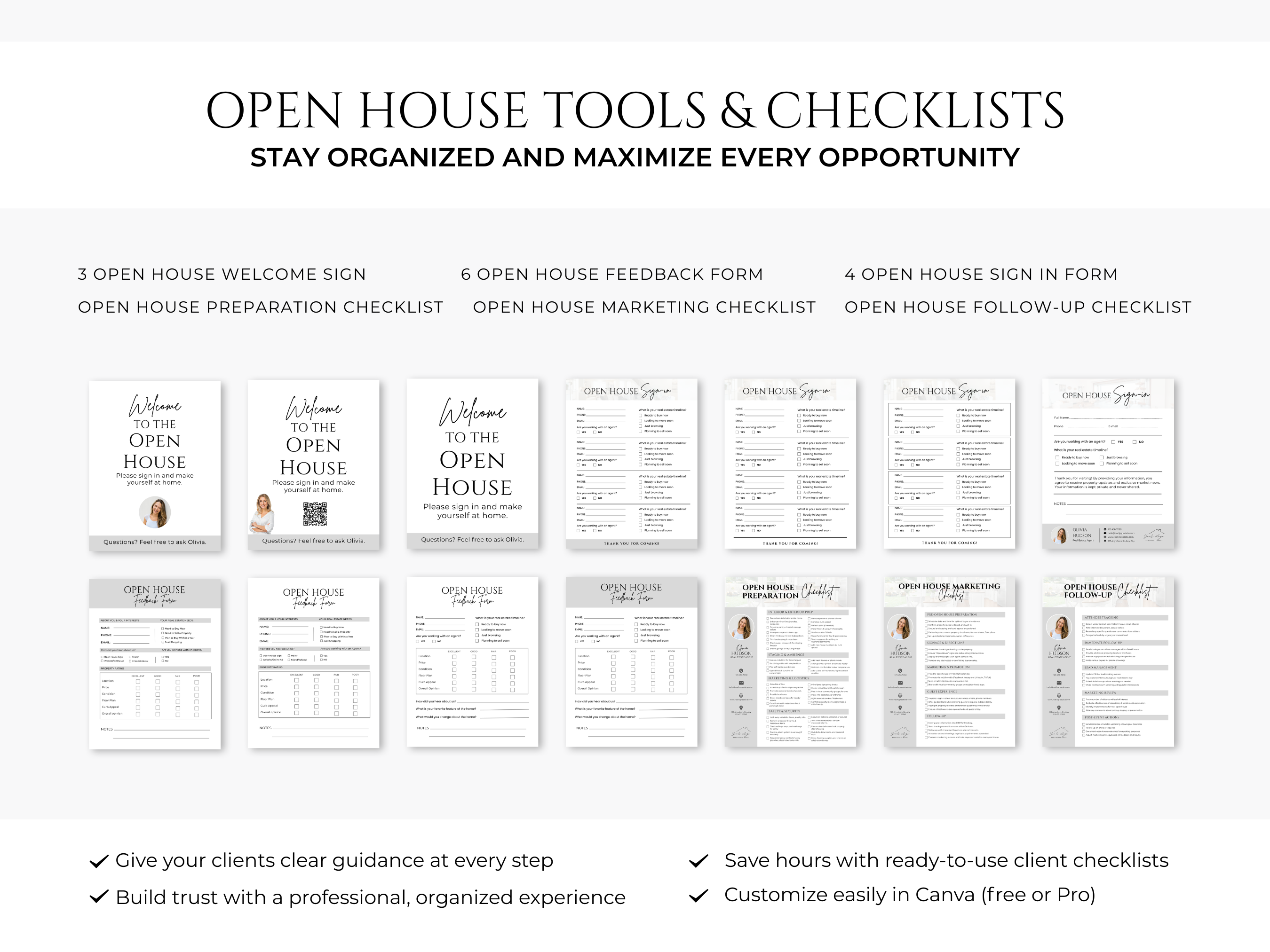 Open House Bundle, Realtor Canva Templates, Open House Flyers, Social Media Posts, Postcards, Door Hangers, Yard Signs, Checklists Gray & White