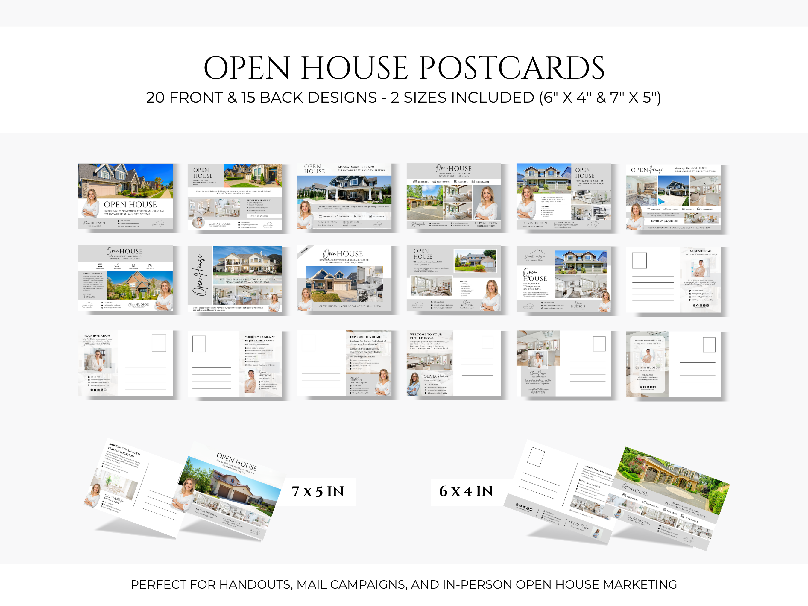 Open House Bundle, Realtor Canva Templates, Open House Flyers, Social Media Posts, Postcards, Door Hangers, Yard Signs, Checklists Gray & White