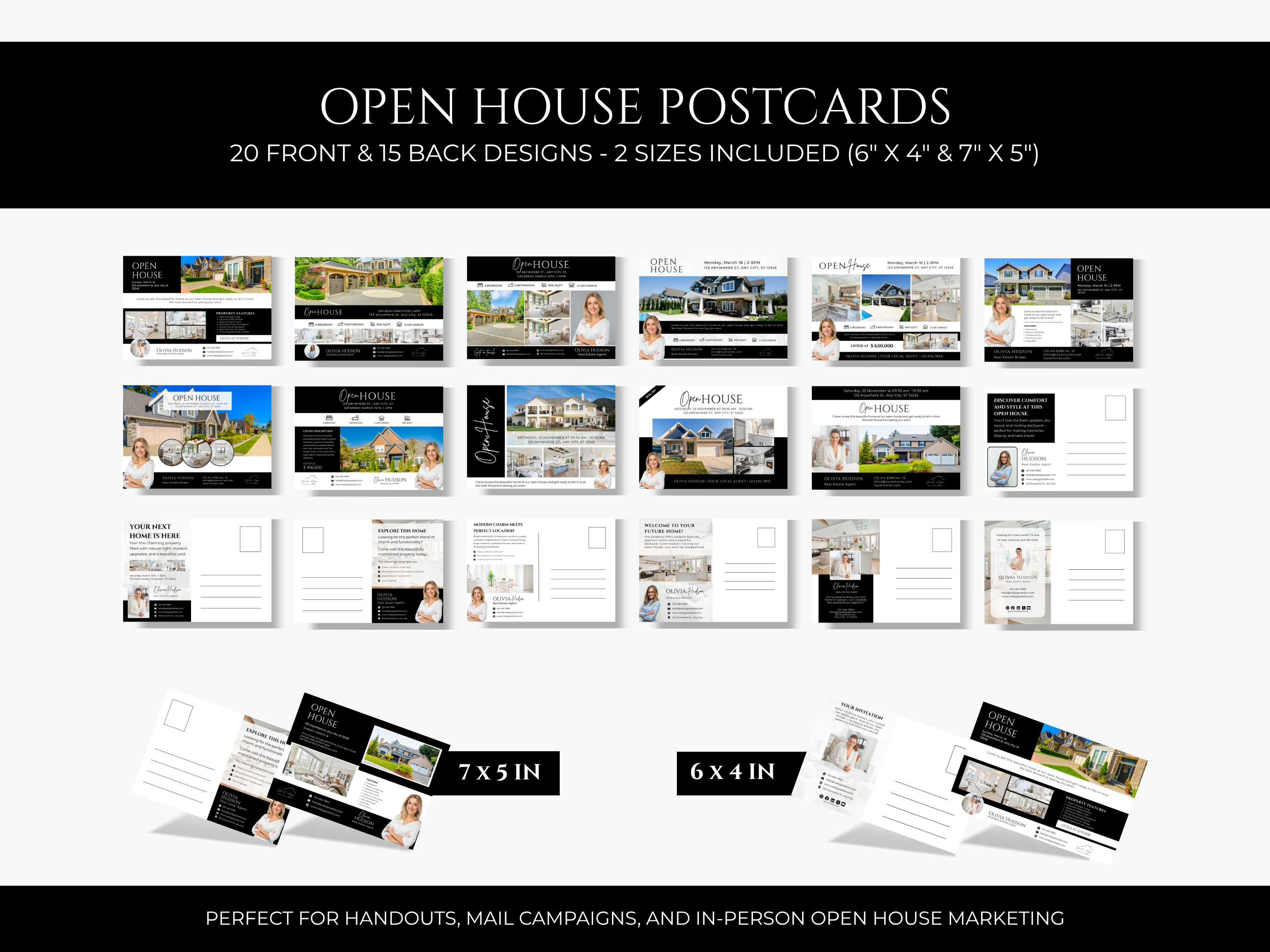 Open House Bundle, Realtor Canva Templates, Open House Flyers, Social Media Posts, Postcards, Door Hangers, Yard Signs, Checklists Black & White