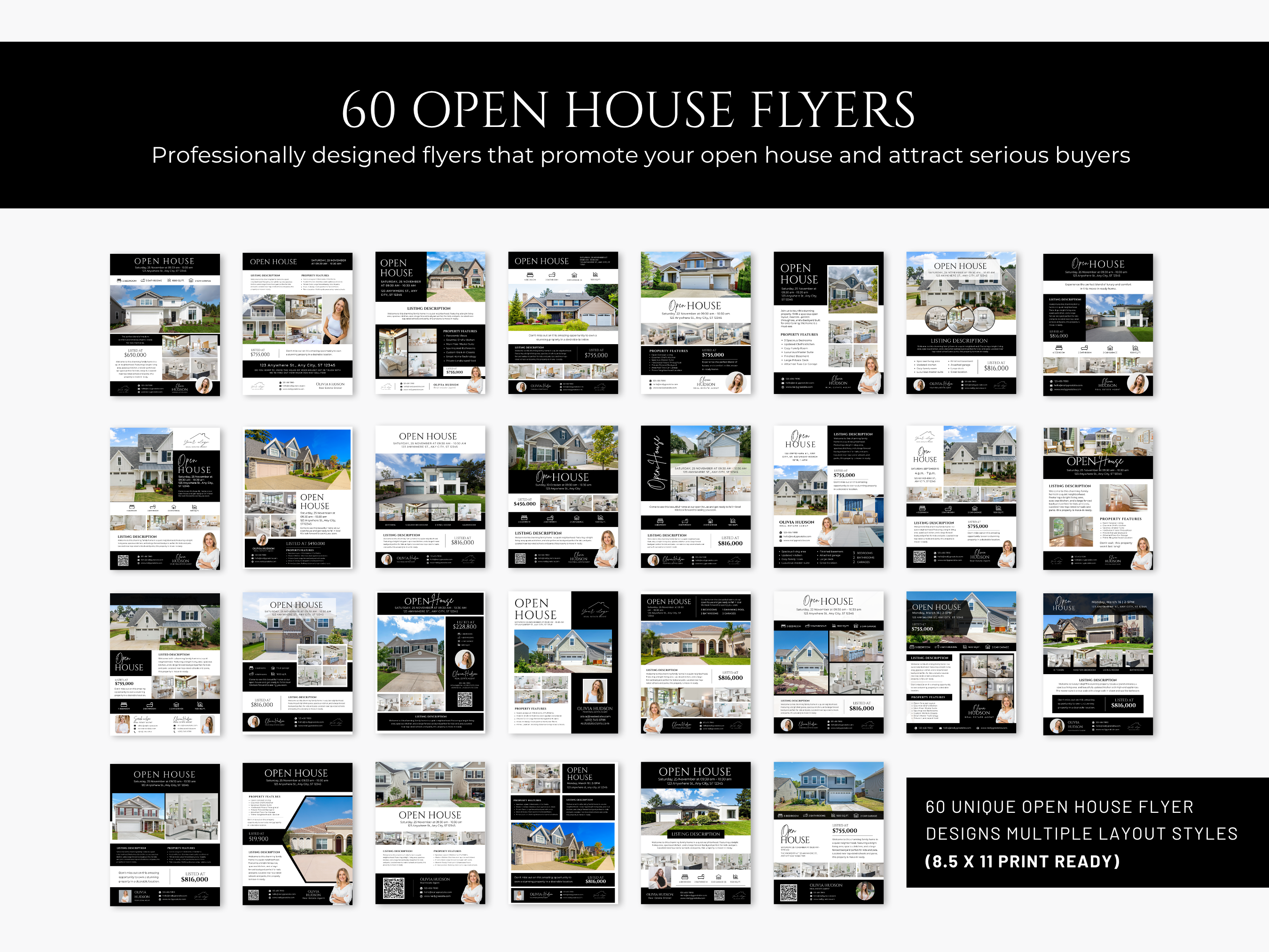 Open House Bundle, Realtor Canva Templates, Open House Flyers, Social Media Posts, Postcards, Door Hangers, Yard Signs, Checklists Black & White