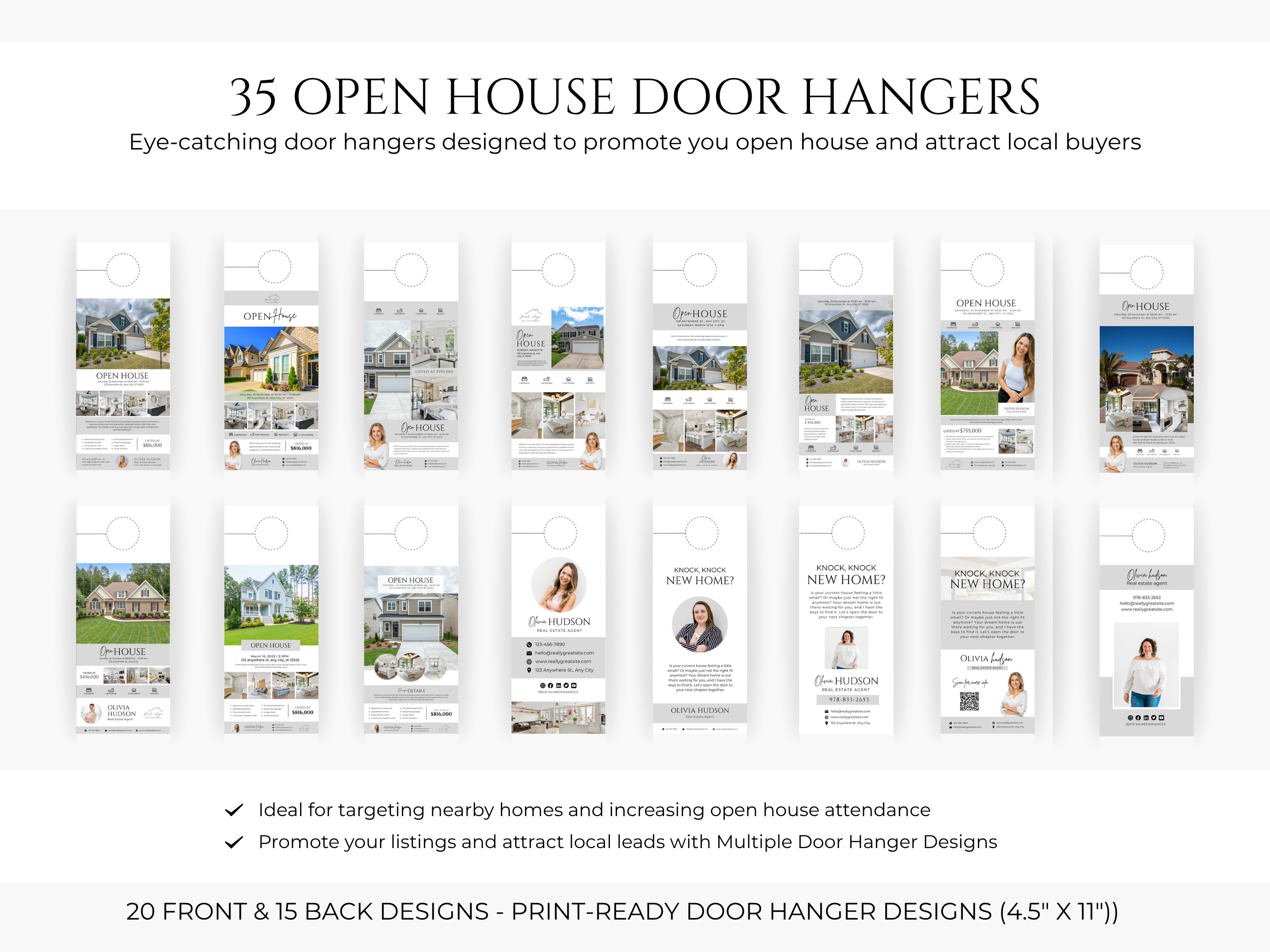 Open House Bundle, Realtor Canva Templates, Open House Flyers, Social Media Posts, Postcards, Door Hangers, Yard Signs, Checklists Gray & White