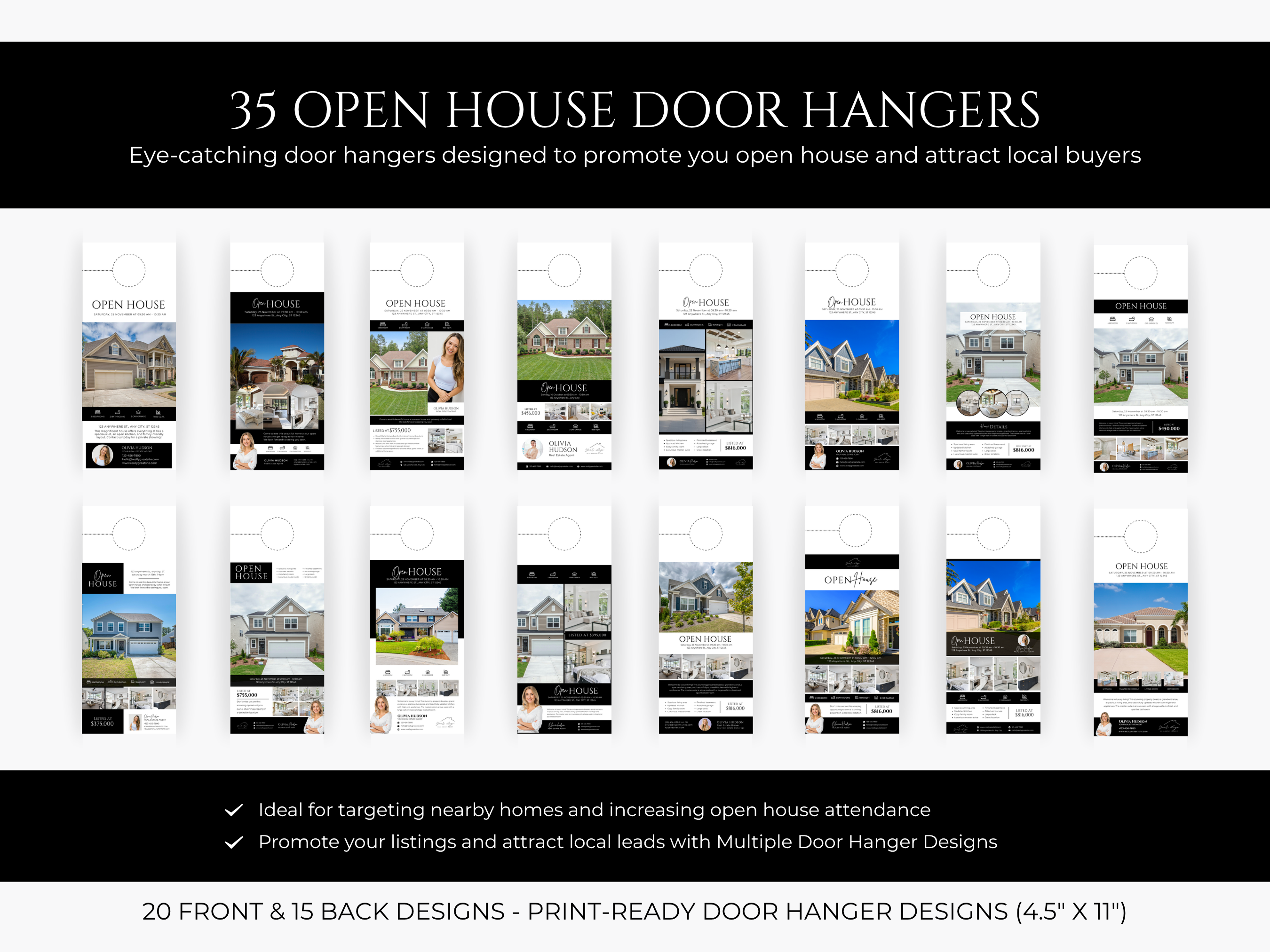 Open House Bundle, Realtor Canva Templates, Open House Flyers, Social Media Posts, Postcards, Door Hangers, Yard Signs, Checklists Black & White