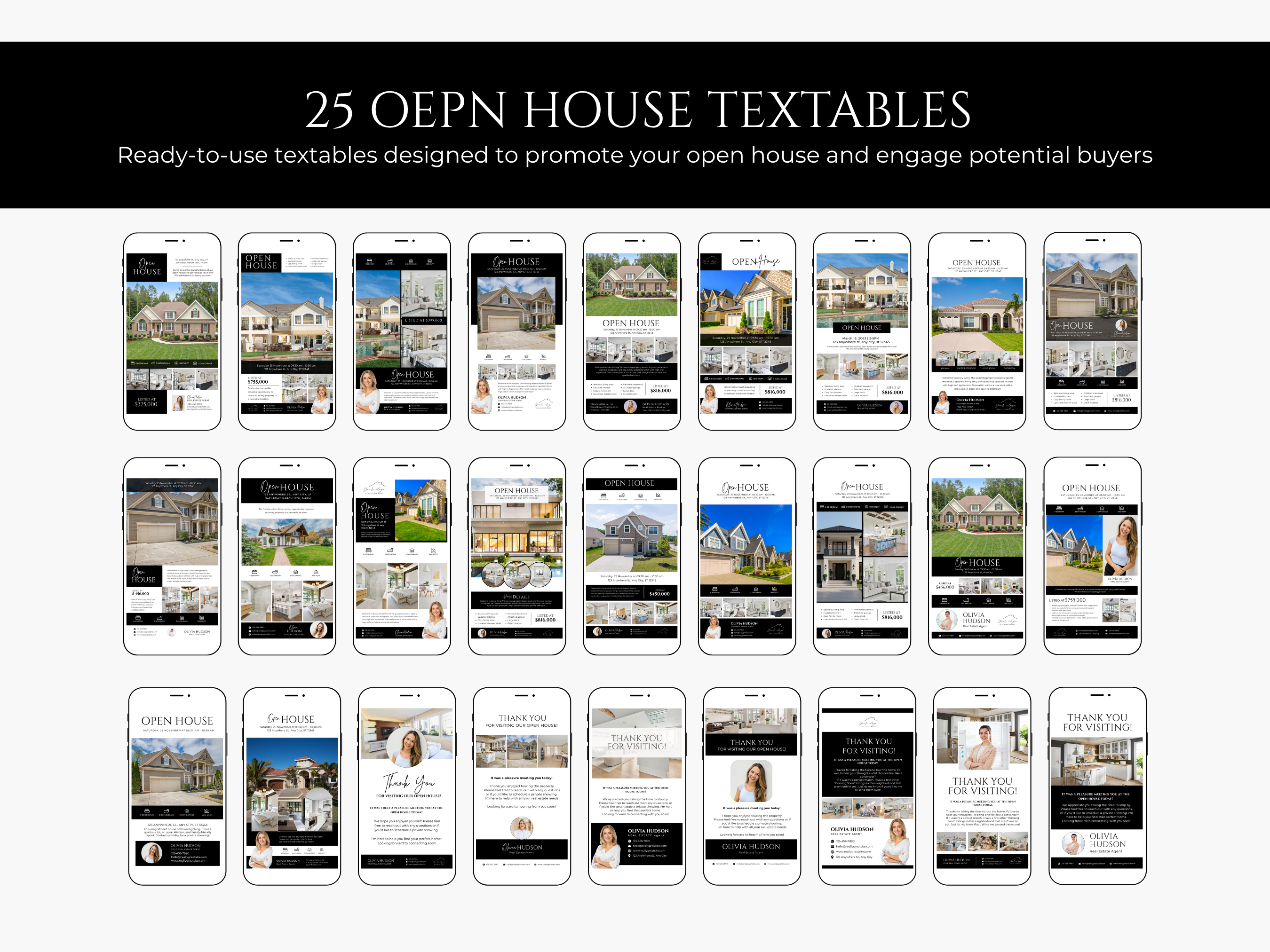 Open House Bundle, Realtor Canva Templates, Open House Flyers, Social Media Posts, Postcards, Door Hangers, Yard Signs, Checklists Black & White