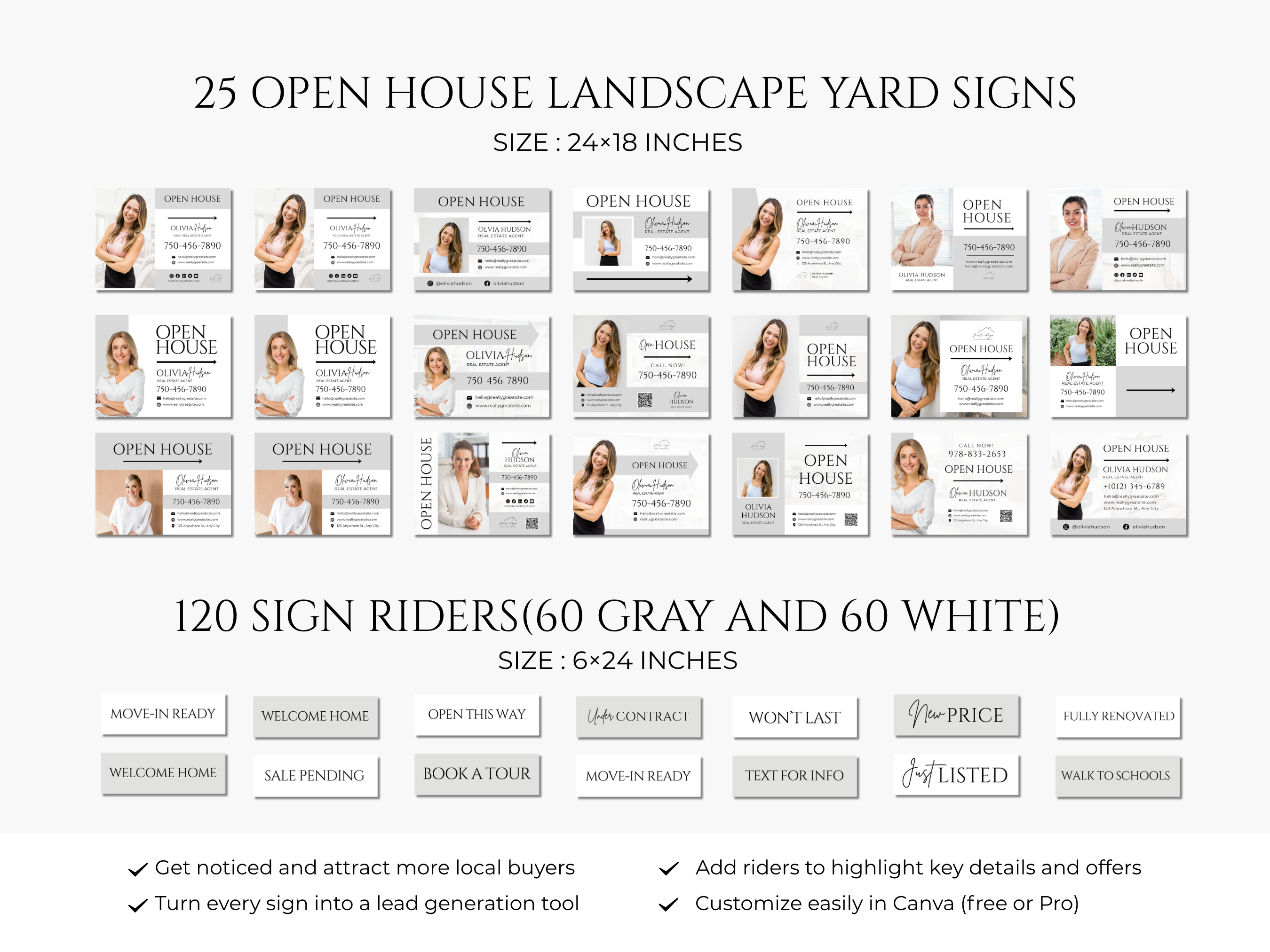 Open House Bundle, Realtor Canva Templates, Open House Flyers, Social Media Posts, Postcards, Door Hangers, Yard Signs, Checklists Gray & White
