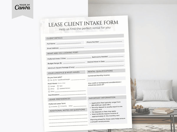 A printable lease client intake form sheet displayed on a light gray background with a sofa and pillows in the room behind it. The form has black text and gray labeled sections for client details, preferences, and important information.