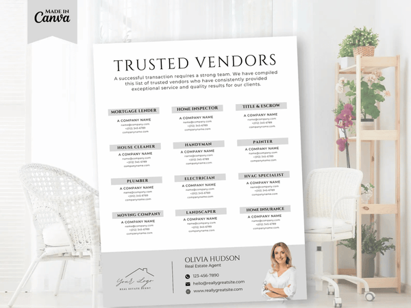 A vertical white sign reading 'TRUSTED VENDORS' with multiple vendor categories, placeholder company names, and contact details for Olivia Hudson, styled in a bright interior room with chairs and shelving.