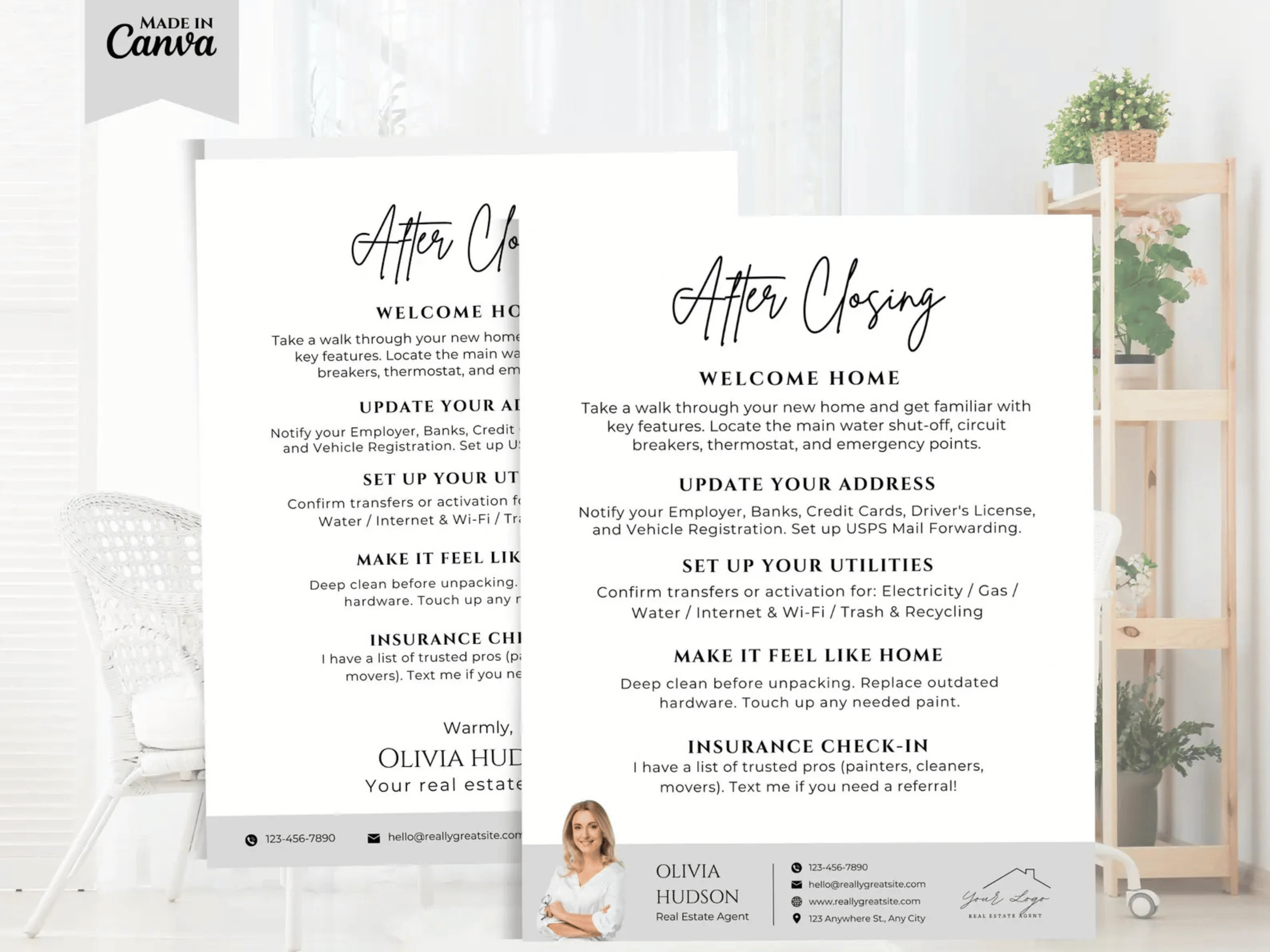 A real estate 'After Closing' guide template shown in a mockup layout, featuring a white and black design with handwritten-style text and placeholder photos of a woman and a house.