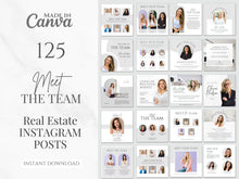 Promotional graphic for a digital product: '125 Meet The Team' real estate Instagram posts templates made in Canva. The left side features a clean white marble-textured background with elegant typography, while the right side displays a grid of multiple template previews showing various layouts with placeholder photos of real estate agents.