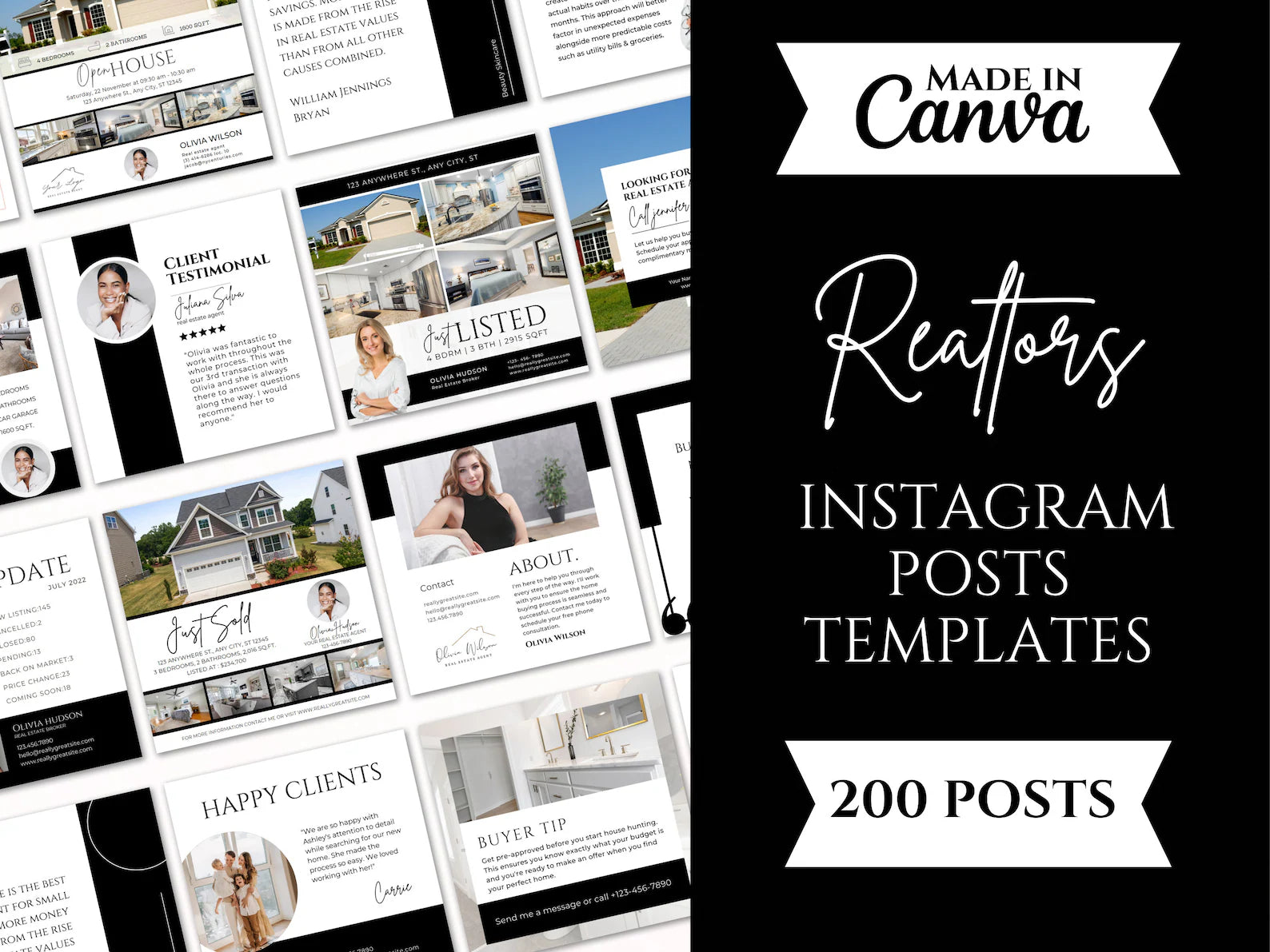 Promotional graphic for realtors Instagram posts templates, showing a collage of white and black post layouts with house photos on the left and a black sidebar on the right with text reading 'Made in Canva Realtors Instagram Posts Templates' and '200 Posts'.
