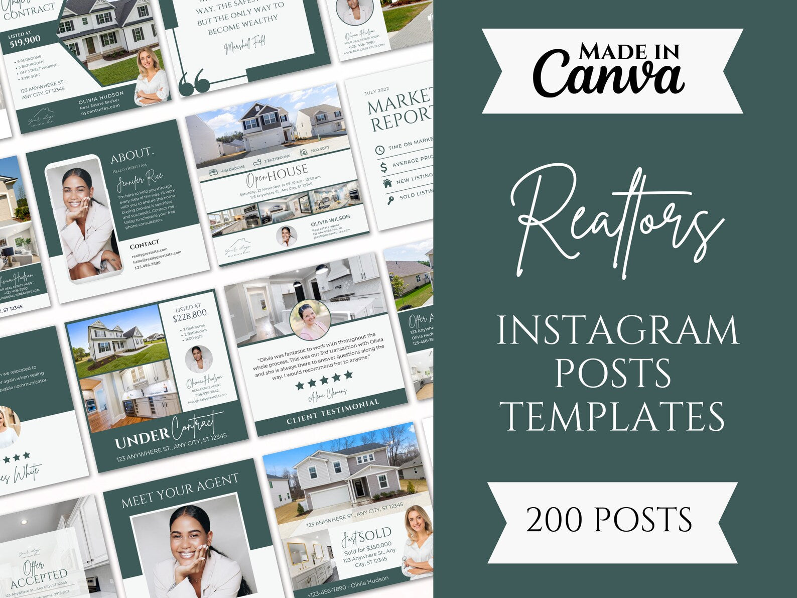 Promotional graphic for realtors Instagram posts templates, showing a collage of sample post layouts on the left and a dark teal text panel on the right that reads 'Made in Canva', 'Realtors', 'Instagram Posts Templates', and '200 Posts'.