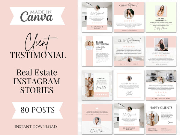 Real Estate Client Testimonial Instagram Posts Pink and White Templates