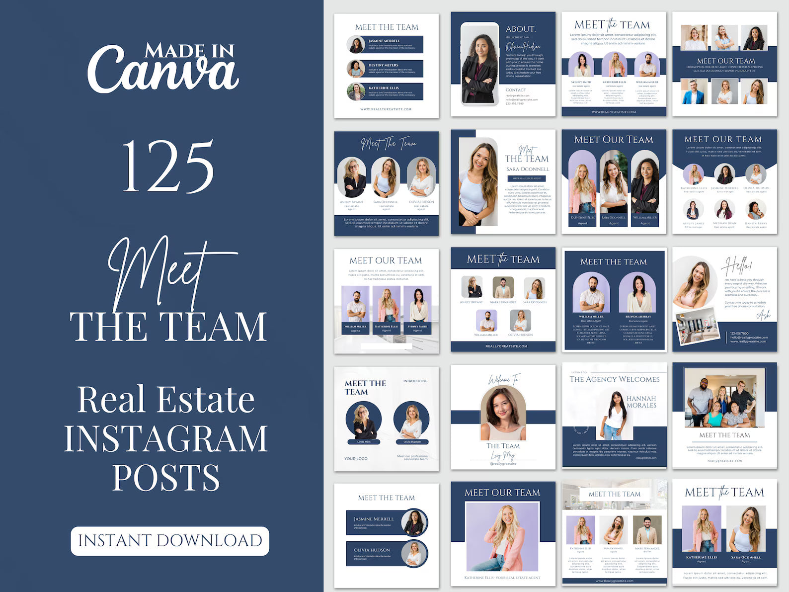 Promotional graphic for a digital product: '125 Meet The Team' real estate Instagram posts in a Canva template pack. The left side features a dark navy blue background with white text, and the right side displays a grid of the template designs, which use navy blue, white, and soft lavender accents with placeholder images of people.