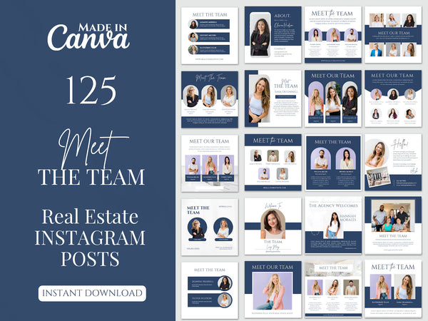 Promotional graphic for a digital product: '125 Meet The Team' real estate Instagram posts in a Canva template pack. The left side features a dark navy blue background with white text, and the right side displays a grid of the template designs, which use navy blue, white, and soft lavender accents with placeholder images of people.