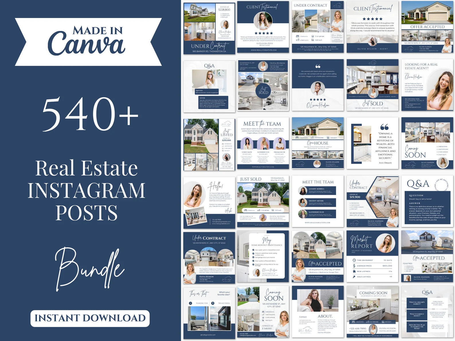 Promotional graphic for a real estate Instagram posts bundle made in Canva, with a navy blue left panel reading 'Made in Canva', '540+ Real Estate Instagram Posts', 'Bundle', and 'Instant Download', and a grid of sample post templates on the right.