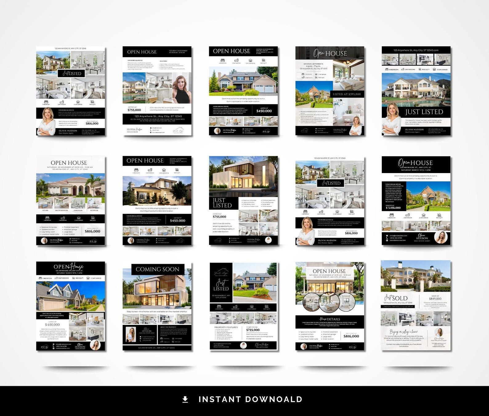 Real Estate Flyer Bundle | Open House, Just Listed, Just Sold & Coming Soon Black & White