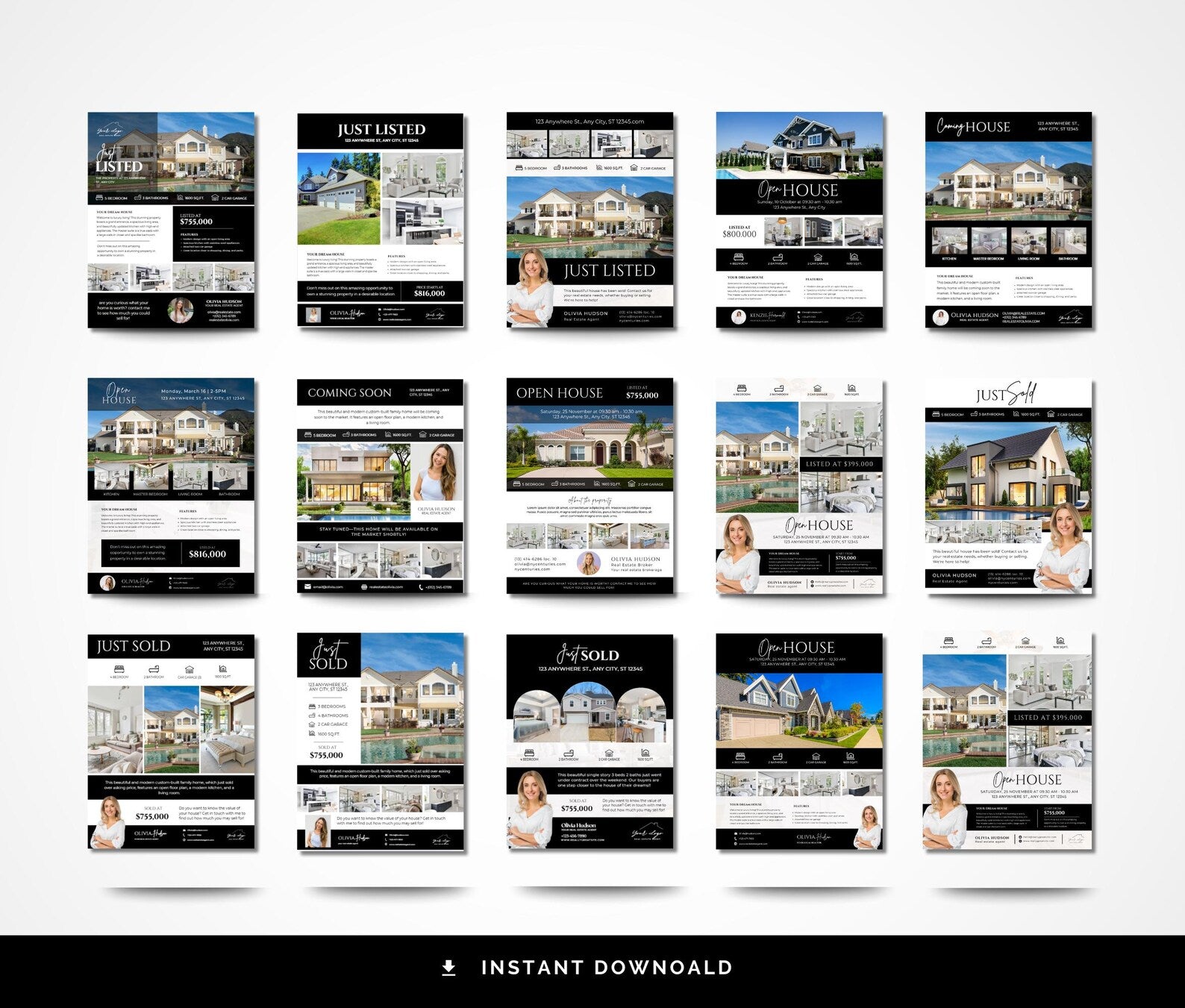 Real Estate Flyer Bundle | Open House, Just Listed, Just Sold & Coming Soon Black & White