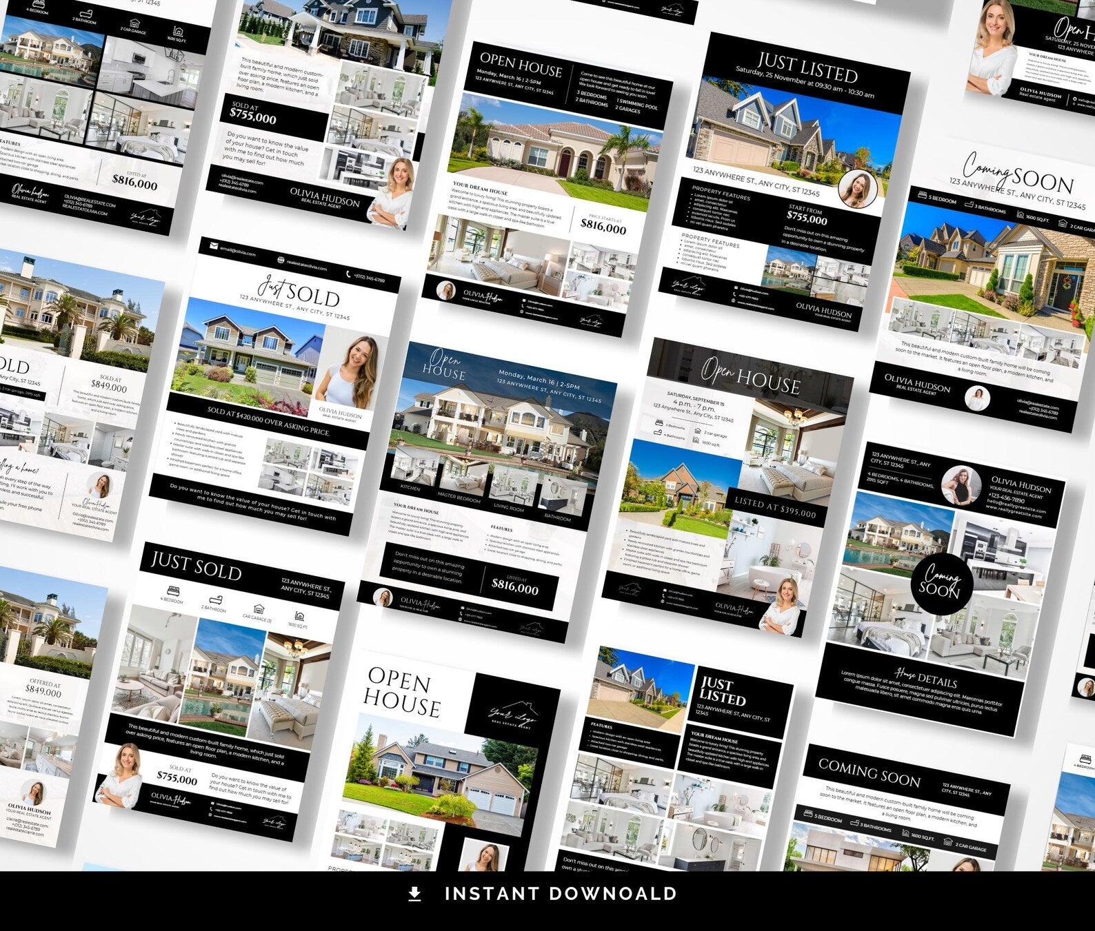 Real Estate Flyer Bundle | Open House, Just Listed, Just Sold & Coming Soon Black & White