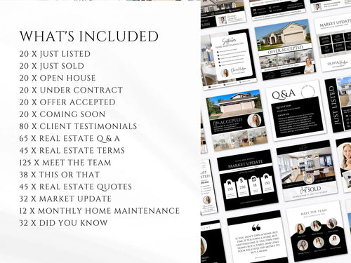 590 Real Estate Instagram Posts Bundle | Real Estate Social Media Templates | Real Estate Marketing | Realtor social media | Black And White