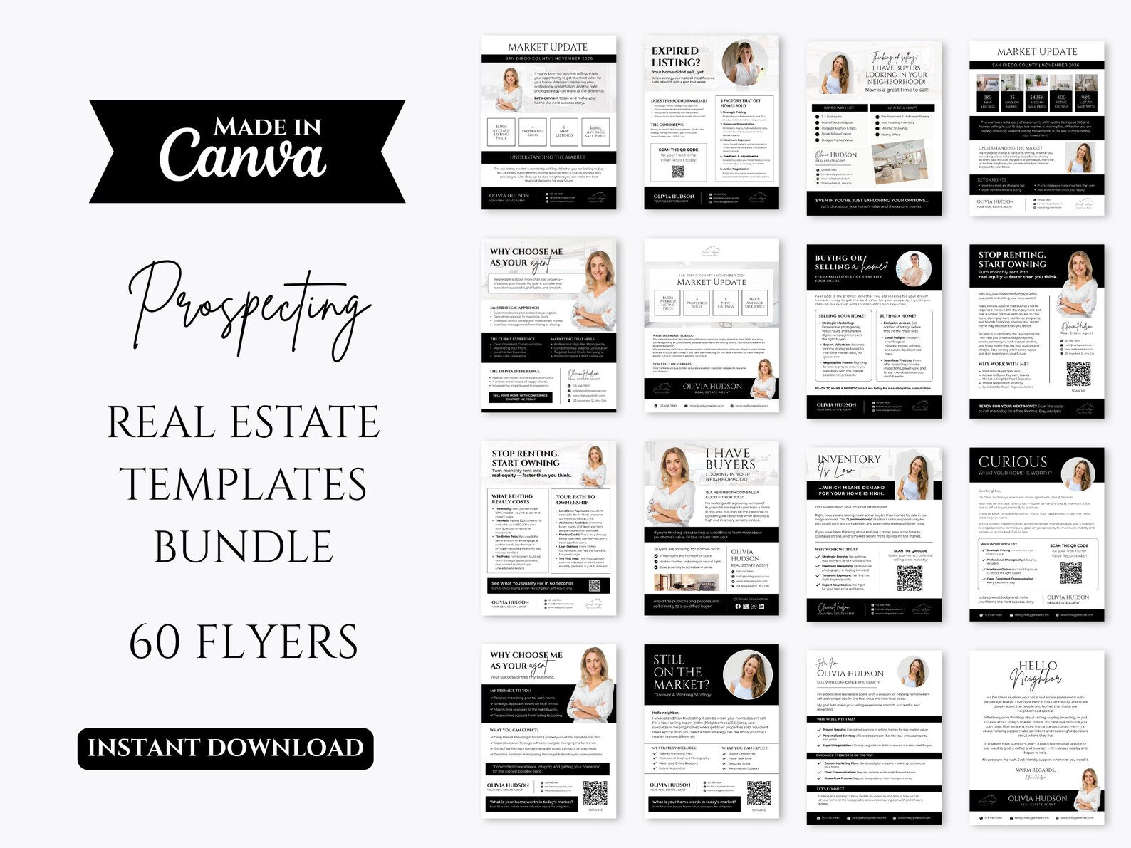 Promotional graphic for a real estate prospecting templates bundle, showing multiple black, white, and gray flyer layout previews on the right and large text on the left reading 'Made in Canva', 'Prospecting', 'Real Estate Templates Bundle', and '60 Flyers Instant Download'.