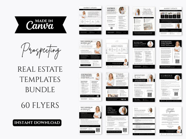 Promotional graphic for a real estate prospecting templates bundle, showing multiple black, white, and gray flyer layout previews on the right and large text on the left reading 'Made in Canva', 'Prospecting', 'Real Estate Templates Bundle', and '60 Flyers Instant Download'.