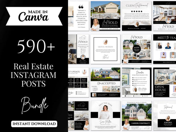 590 Real Estate Instagram Posts Bundle | Real Estate Social Media Templates | Real Estate Marketing | Realtor social media | Black And White