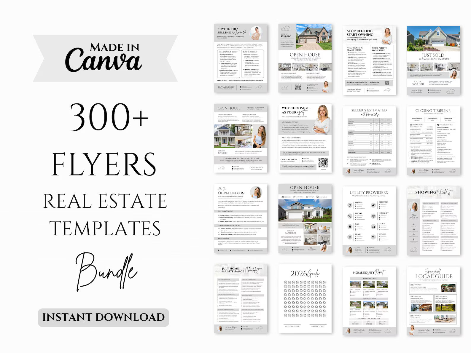 Promotional graphic for a Canva real estate templates bundle, showing the text 'Made in Canva', '300+ Flyers Real Estate Templates Bundle', and 'Instant Download' alongside a grid of sample flyer layouts.