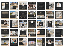 A grid of 30 real estate marketing templates and social media posts in a consistent black and beige design theme, featuring house photos, text layouts, and placeholder portraits.