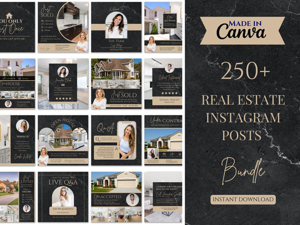 A promotional collage for a bundle of 250+ real estate Instagram posts, with multiple sample post designs on the left and a dark marble-style banner on the right that reads 'Made in Canva', '250+ Real Estate Instagram Posts', and 'Bundle'.