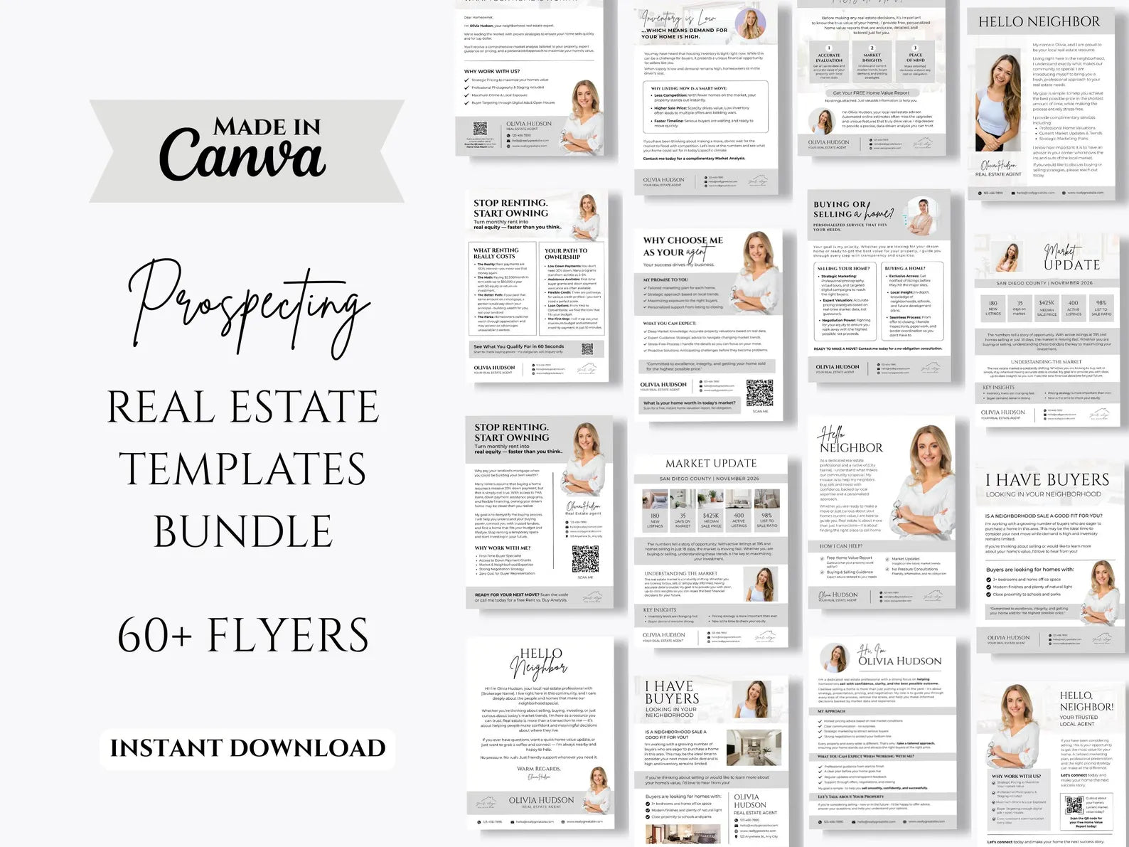 Promotional graphic for a 'Prospecting Real Estate Templates Bundle' made in Canva, featuring a grid of sample real estate flyer templates on the right and bold text on the left.