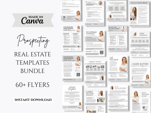 Promotional graphic for a 'Prospecting Real Estate Templates Bundle' made in Canva, featuring a grid of sample real estate flyer templates on the right and bold text on the left.